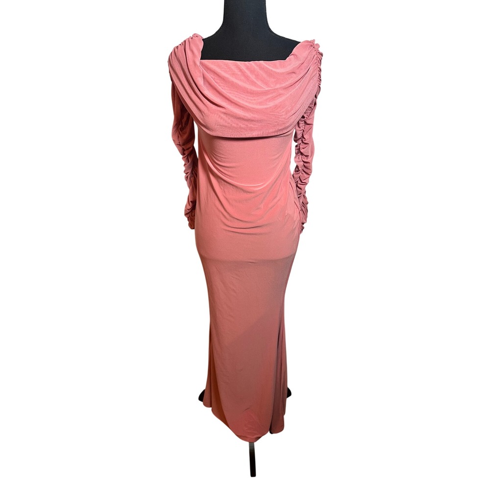 Club L London Dusty Rose Ruched Sleeve Cowl Neck Maxi Dress Sz 4 Formal Gown